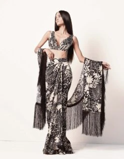 Black Garden Print Blouse With Tulip Skirt & Fringe Dupatta -Incasee Ceantral ambfs213