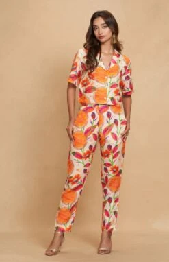 Floral Linen Orange Printed Crop Shirt
