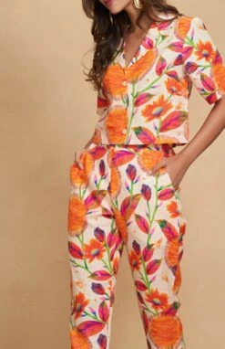Floral Linen Orange Printed Crop Shirt -Incasee Ceantral asgulabocs1fblorange3