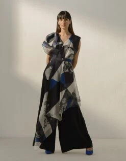 Azule Nero Blue Printed Draped Jumpsuit With Belt