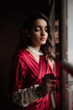 Red And Burgandy Silk Striped Blouse -Incasee Ceantral b 40925