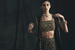 Black Nukta Print Embroidered Cape, Hand Embroidered Bustier & Bindu Print Skirt -Incasee Ceantral b 43368