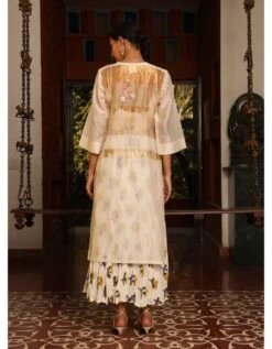 Kora / Beige & Gold Stripe Handwoven Silk Handwoven Dress -Incasee Ceantral b 60857