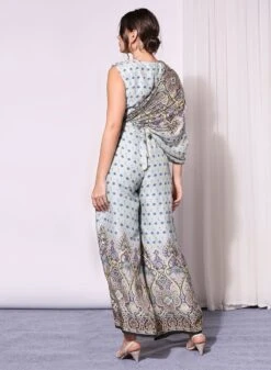 Powder Blue Printed Sleeveless Jumpsuit With Shoulder Cowls -Incasee Ceantral b 63467