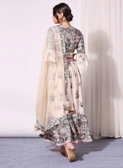 Off White Printed Crop Top With Bell Bottom Paired With Printed Skirt And Net Dupatta -Incasee Ceantral b 63486