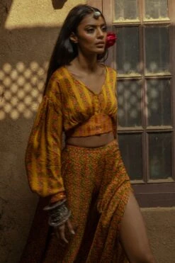 Mustard Waist Fitted Top With Slitted Skirt -Incasee Ceantral b 64473