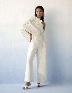 Bianco Sculptural Drape With One Shoulder Embroidered Jumpsuit