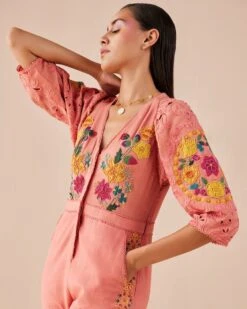 Blush Floral Applique And Cutwork Jumpsuit -Incasee Ceantral cfw22js192