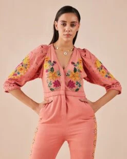 Blush Floral Applique And Cutwork Jumpsuit -Incasee Ceantral cfw22js193