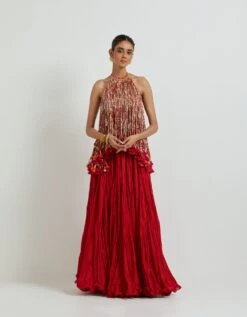 Red Crinkled Skirt With A Hauter Tassled Top