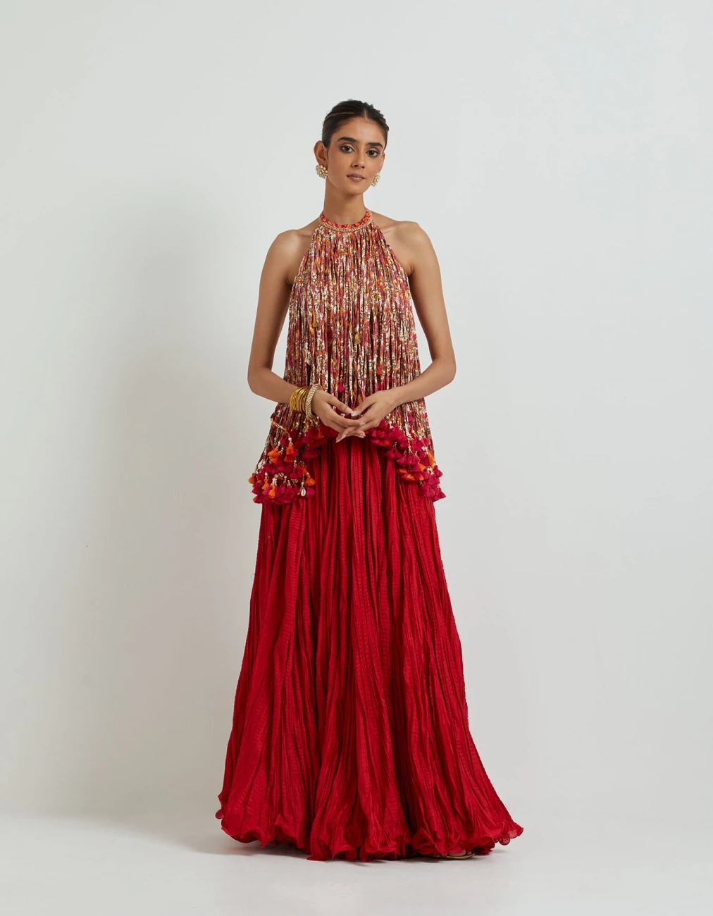 Red Crinkled Skirt With A Hauter Tassled Top 3 Red Crinkled Skirt With A Hauter Tassled Top