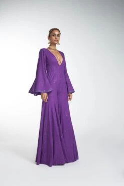 Purple Crystal Embellished Crepe Jumpsuit -Incasee Ceantral dc22w039 2