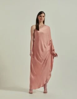 Amber Peach One Shoulder Mirror Work Embellished Dress