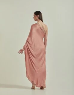 Amber Peach One Shoulder Mirror Work Embellished Dress -Incasee Ceantral fw23195b