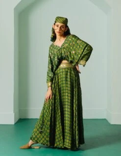 Green Ajrakh Top With Flair Skirt