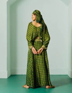 Green Ajrakh Top With Flair Skirt -Incasee Ceantral gbmsktb