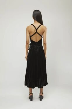 Black V Neck Braided Belt Tea Length Dress -Incasee Ceantral gndfw2251b