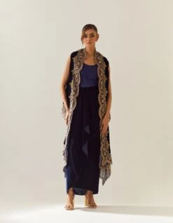 Navy Valour Cape And Drape Skirt With Inner
