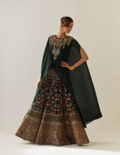Bottle Green Crinkle Dupatta Cape And Valour Skirt