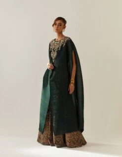 Bottle Green Crinkle Dupatta Cape And Valour Skirt -Incasee Ceantral kavitavelvet273