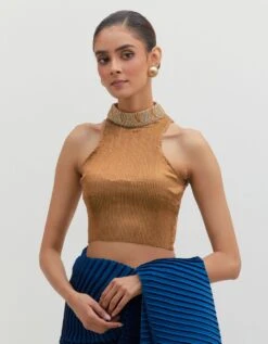 Gold Pleated Halter Blouse With Collar Detail