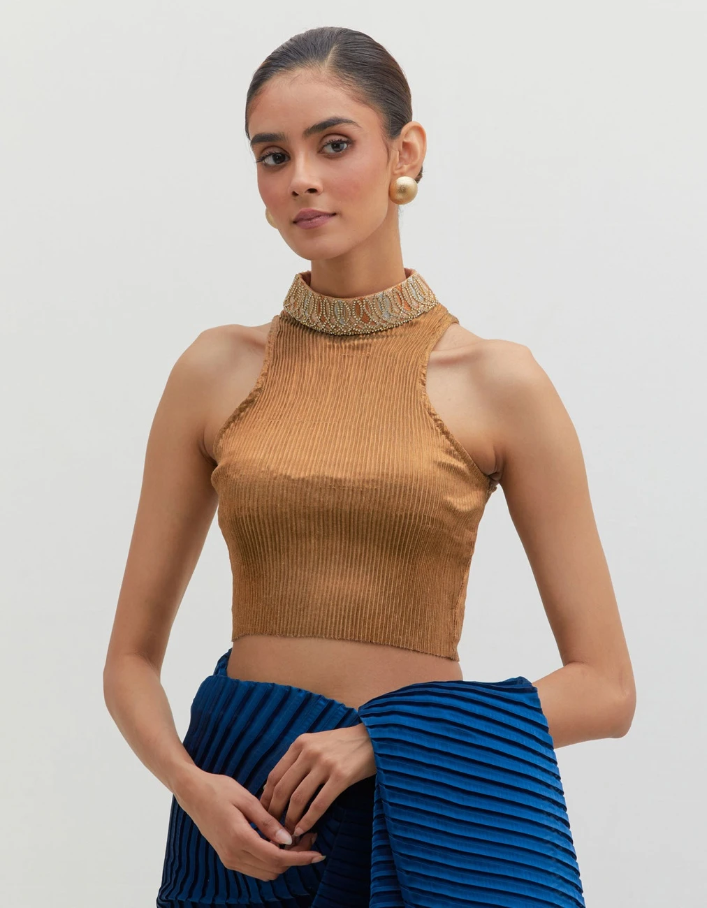 Gold Pleated Halter Blouse With Collar Detail 3 Gold Pleated Halter Blouse With Collar Detail