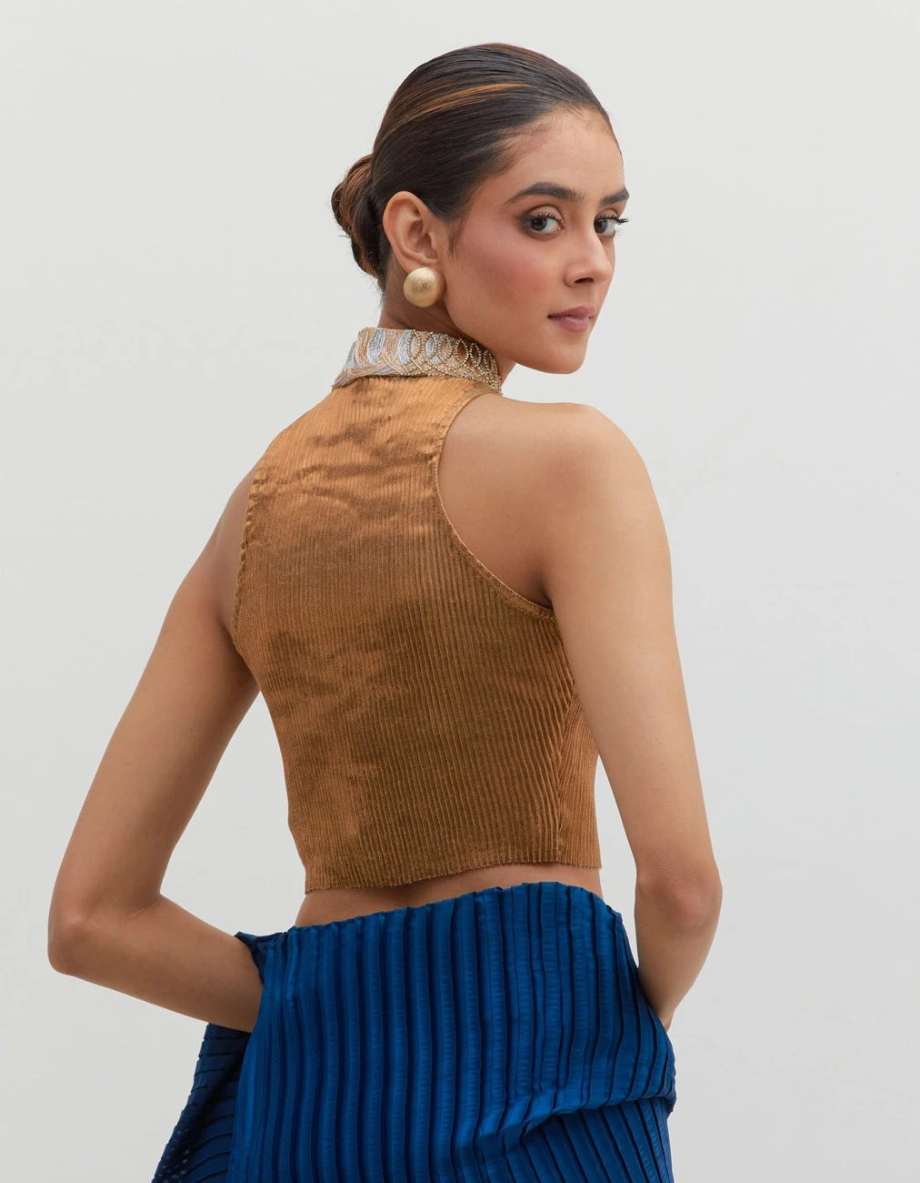 Gold Pleated Halter Blouse With Collar Detail 4 Gold Pleated Halter Blouse With Collar Detail - Image 2
