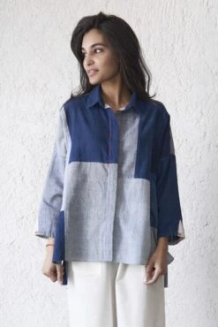 Indigo Mix Patchwork T Shirt - Indigo