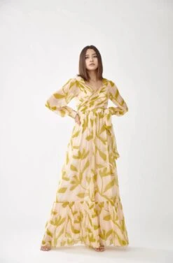 Peach And Mustard Floral Wrap Jumpsuit