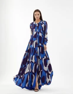 Blue And White Abstract Long Shirt Dress