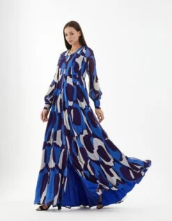 Blue And White Abstract Long Shirt Dress -Incasee Ceantral kofw220103