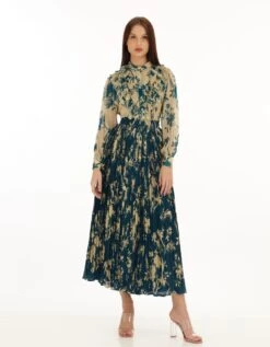 Teal And Cream Floral Crinkled Skirt