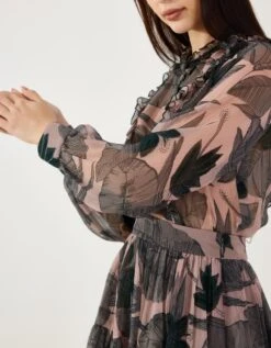 Peach, Grey And Green Floral Frill Shirt -Incasee Ceantral kolfw0305