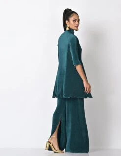 Blue Green Pleated One Level Wrap Dress With Zardozi Motif -Incasee Ceantral kug09220062