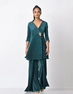 Blue Green Pleated One Level Wrap Dress With Zardozi Motif -Incasee Ceantral kug09220063
