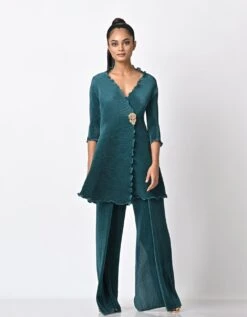 Blue Green Pleated One Level Wrap Dress With Zardozi Motif -Incasee Ceantral kug09220064