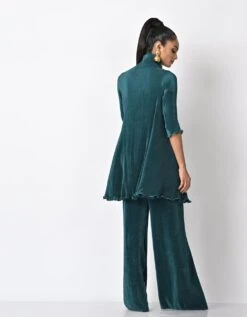 Blue Green Pleated One Level Wrap Dress With Zardozi Motif -Incasee Ceantral kug0922006b