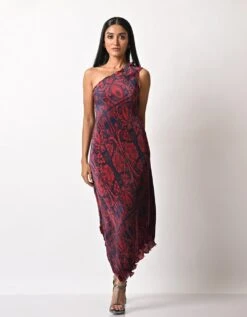 Red Jacquard Printed One Shoulder Dress