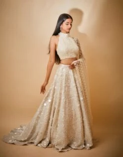 Hand Embroidered Sequin Trail Skirt And Pearl Detail Blouse With Jaal Dupatta