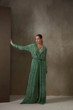 Kelly Green Bandhej Stripes Wide Collar Jumpsuit -Incasee Ceantral njd11732 1