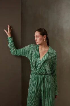 Kelly Green Bandhej Stripes Wide Collar Jumpsuit -Incasee Ceantral njd11733 1
