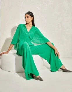 Kelly Green Metallic Quad Batwing Jumpsuit -Incasee Ceantral njd12623