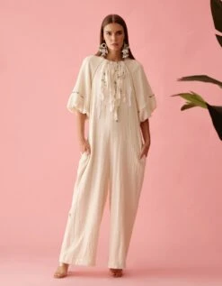 Cream Fringe Neckline Jumpsuit