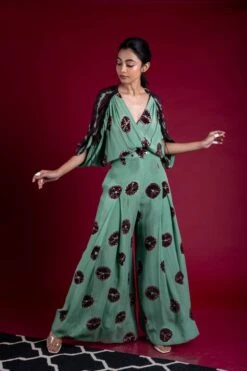 Sage-Green And Brown Kaftan Box Pleated Jumpsuit -Incasee Ceantral nkrs21114 2