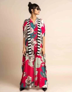 Magenta Print On Crepe Sash Kaftan Jumpsuit