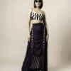 Black & White Stripes Print On Crepe Bustier With Aubergine Stripes Print On Satin Circular Gather Skirt