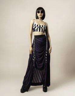 Black & White Stripes Print On Crepe Bustier With Aubergine Stripes Print On Satin Circular Gather Skirt