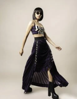Black & White Stripes Print On Crepe Bustier With Aubergine Stripes Print On Satin Circular Gather Skirt -Incasee Ceantral nkrs24015bwabg3