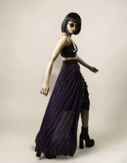 Black & White Stripes Print On Crepe Bustier With Aubergine Stripes Print On Satin Circular Gather Skirt -Incasee Ceantral nkrs24015bwabgb