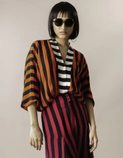 Tangerine & Magenta Stripes Print On Crepe Kimono Ss Jumpsuit -Incasee Ceantral nkrs24033tngmgt4